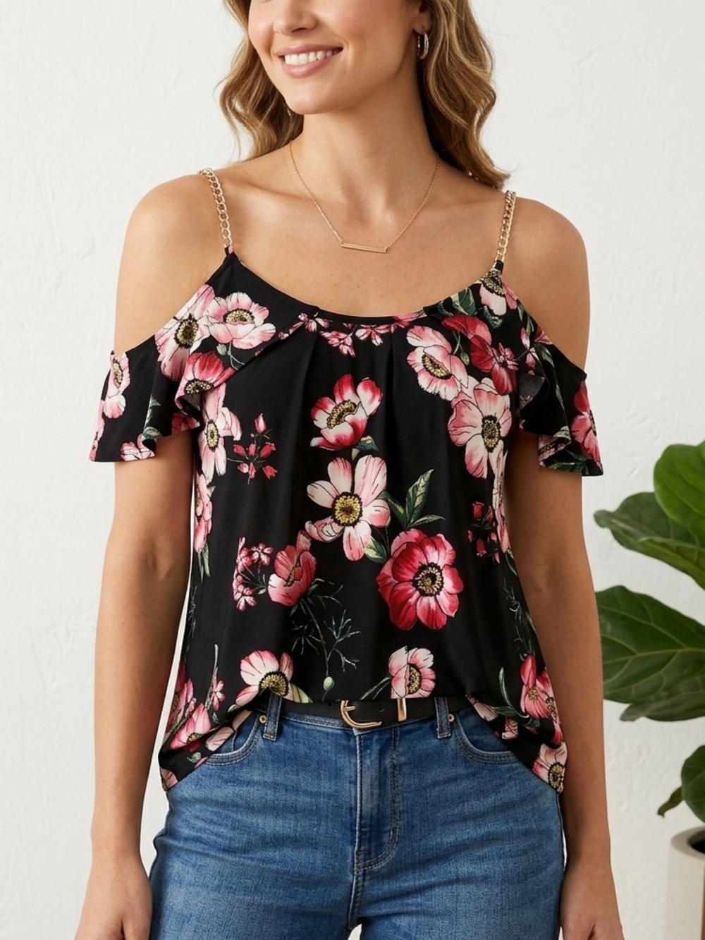 First Love Black and Pink Floral Chain Strap Ruffle Sleeve Blouse S